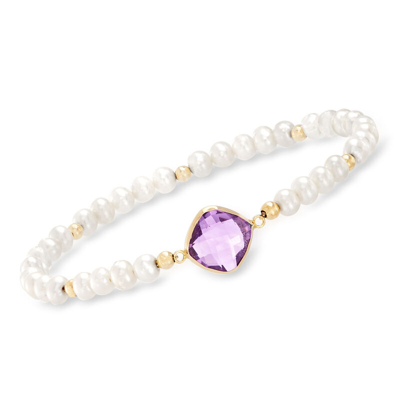 4-5mm Cultured Pearl and 4.00 Carat Amethyst Stretch Bracelet in 14kt Yellow Gold image number 0