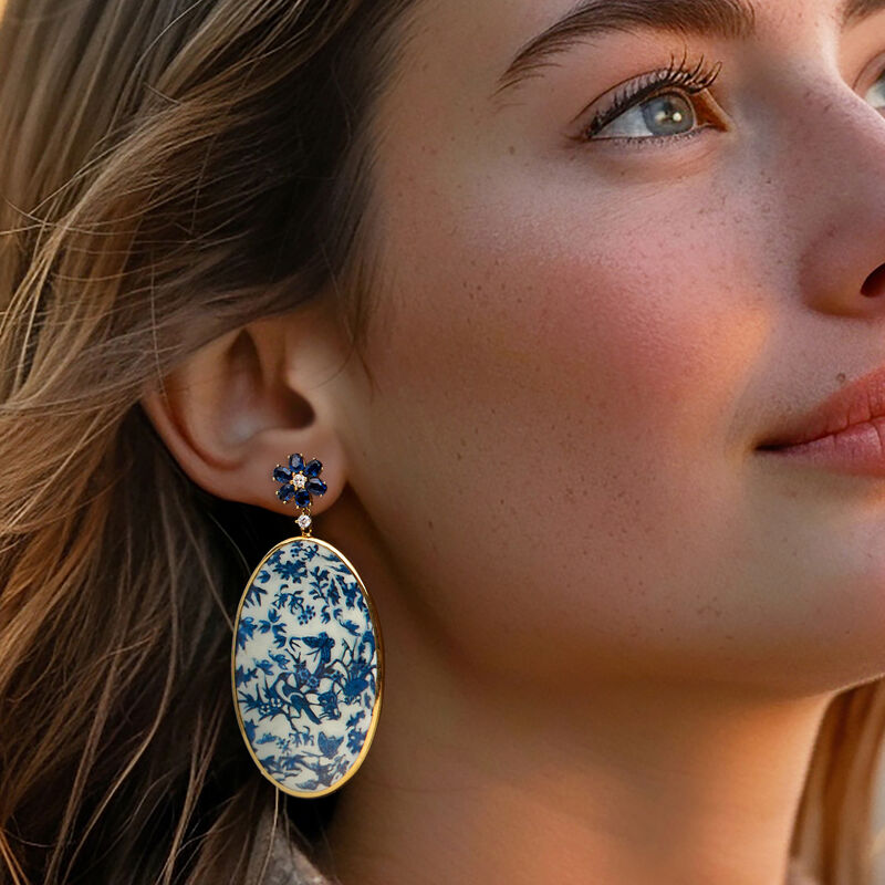 Blue and White Bakelite Chinoiserie Drop Earrings with 2.50 ct. t.w. Sapphires and .25 ct. t.w. Diamonds in 18kt Yellow Gold  image number 1