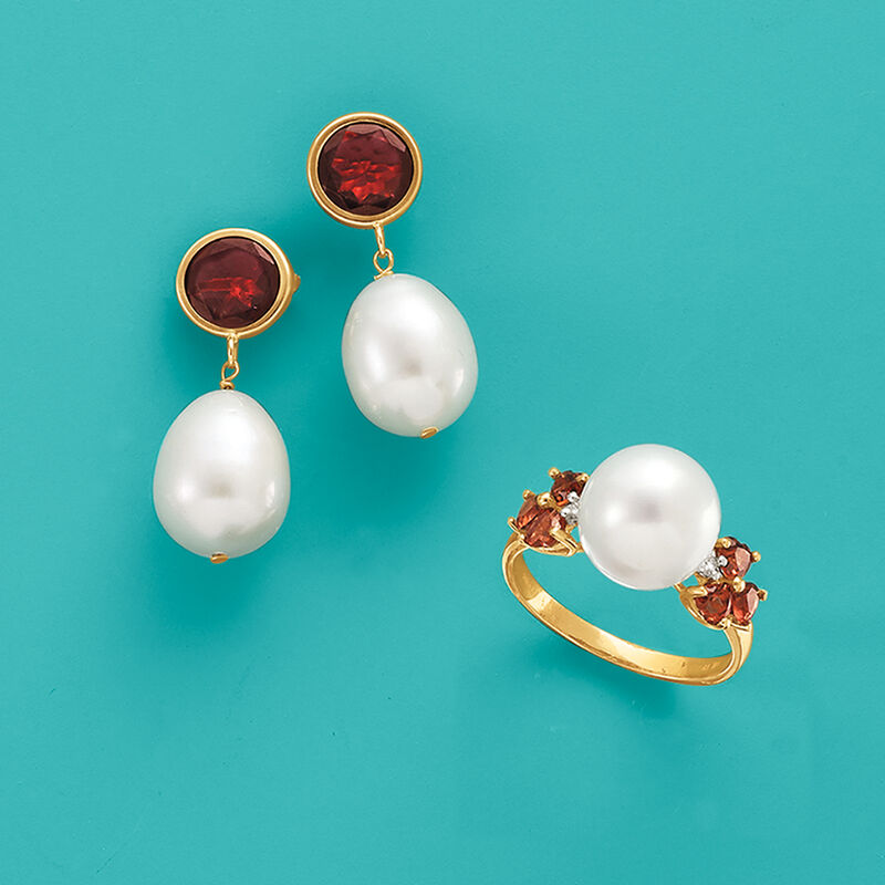 9.5-10mm Cultured Pearl and 4.00 ct. t.w. Garnet Drop Earrings in 14kt Yellow Gold image number 3