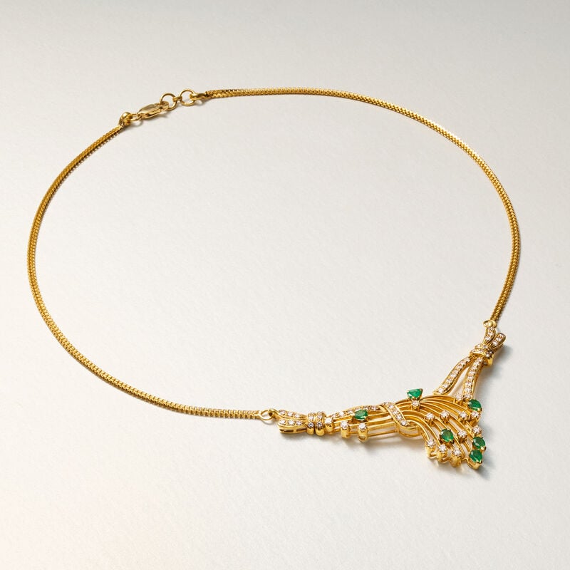 C. 1990 Vintage 1.85 ct. t.w. Diamond and .75 ct. t.w. Emerald Necklace in 18kt Yellow Gold. 16" image number 3