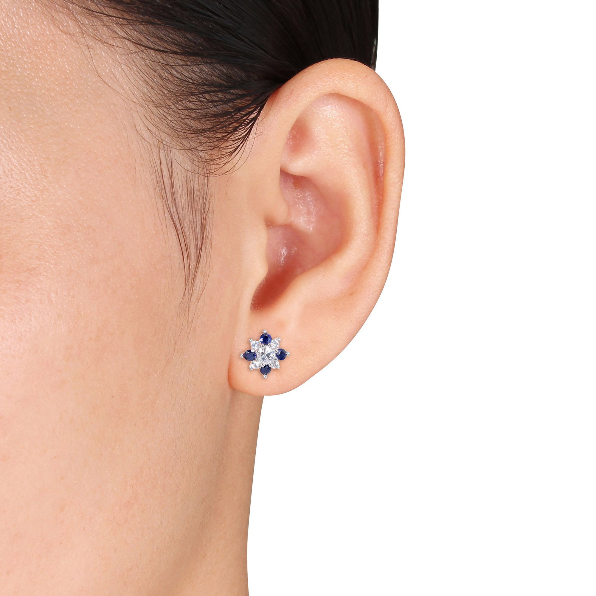 1.50 ct. t.w. White and Blue Sapphire Flower Earrings in 14kt