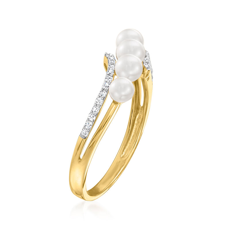 3-4mm Cultured Pearl and .10 ct. t.w. Diamond Wave Ring in 14kt Yellow Gold image number 2