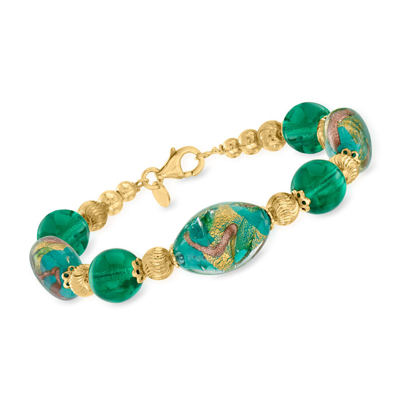 Italian Green and Goldtone Murano Glass Bead Bracelet in 18kt Gold Over Sterling image number 0