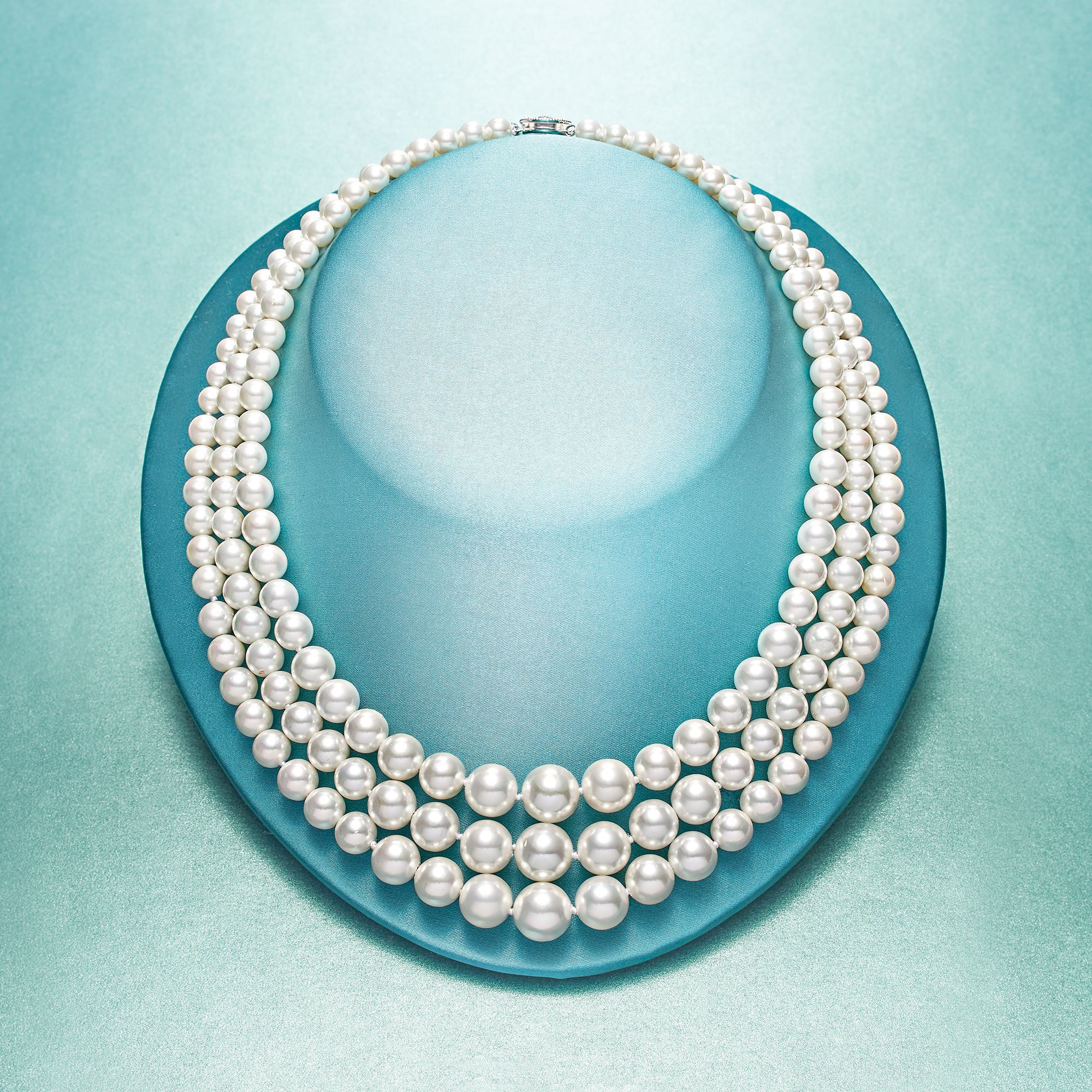 6 12mm Shell Pearl Graduated Three Strand Necklace with Sterling Silver