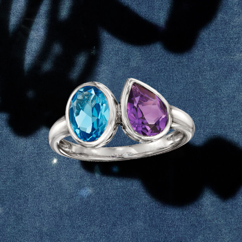 1.20 Carat Swiss Blue Topaz and .80 Carat Amethyst Toi et Moi Ring in Sterling Silver image number 3