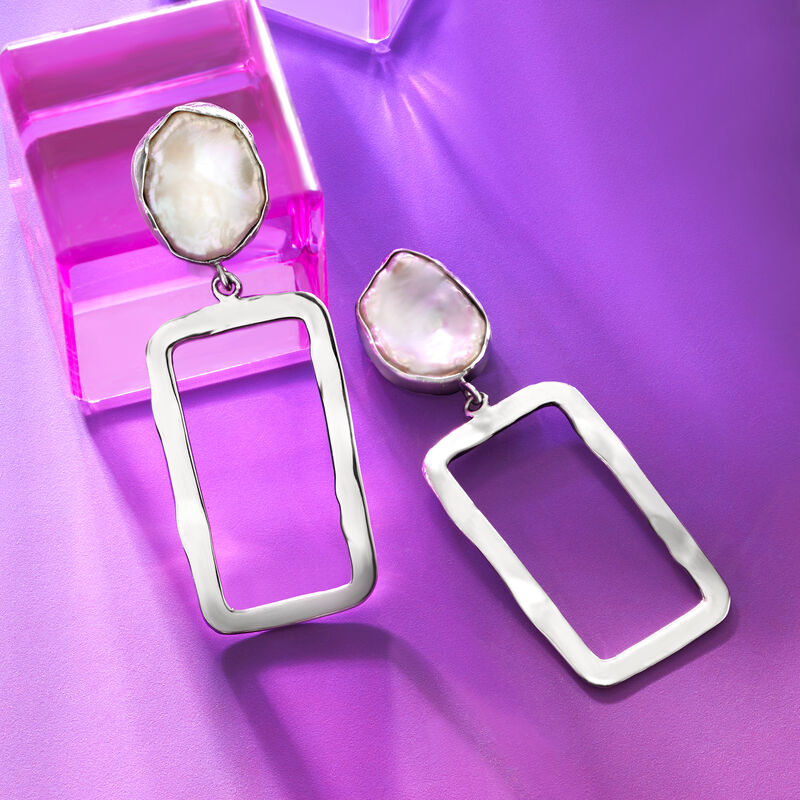 11-13mm Cultured Keshi Pearl Rectangular Drop Earrings in Sterling Silver  image number 2