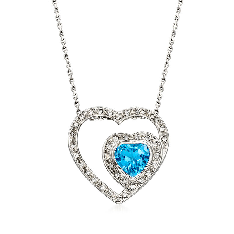 C. 1990 Vintage 2.20 Carat Blue Topaz and .30 ct. t.w. Diamond Heart Necklace in 18kt White Gold. 17&quot; image number 1