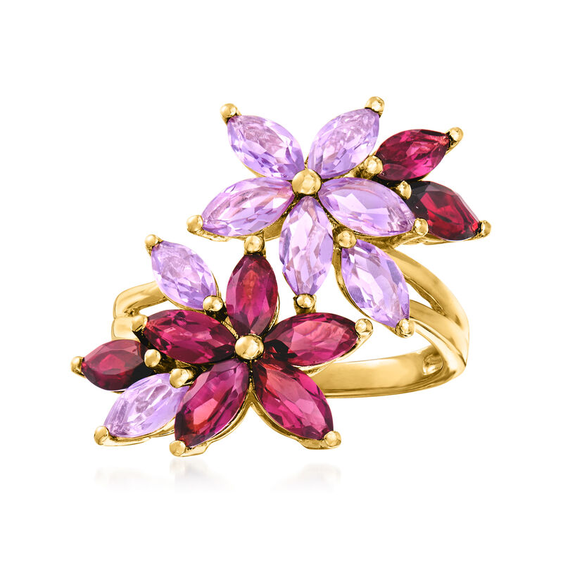 1.40 ct. t.w. Rhodolite Garnet, 1.20 ct. t.w. Amethyst and .50 ct. t.w. Garnet Flower Ring in 18kt Gold Over Sterling image number 0