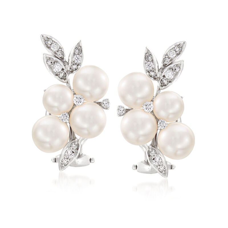 C. 1980 Vintage 6mm Cultured Pearl and .50 ct. t.w. Diamond Cluster Clip-On Earrings in 14kt White Gold image number 0
