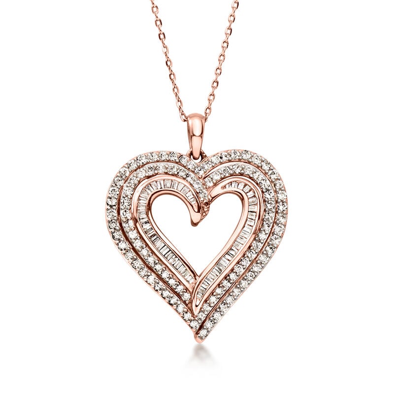 C. 2000 Vintage 1.31 ct. t.w. Diamond Heart Pendant Necklace in 10kt Rose Gold. 16" image number 0
