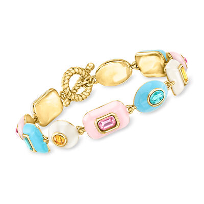 14kt Yellow Gold-Plated Bracelet with Simulated Multicolored Gemstones and Enamel