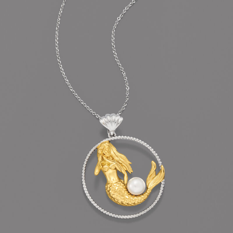 6.5-7mm Cultured Pearl Mermaid Pendant Necklace in Two-Tone Sterling Silver. 18&quot; image number 2