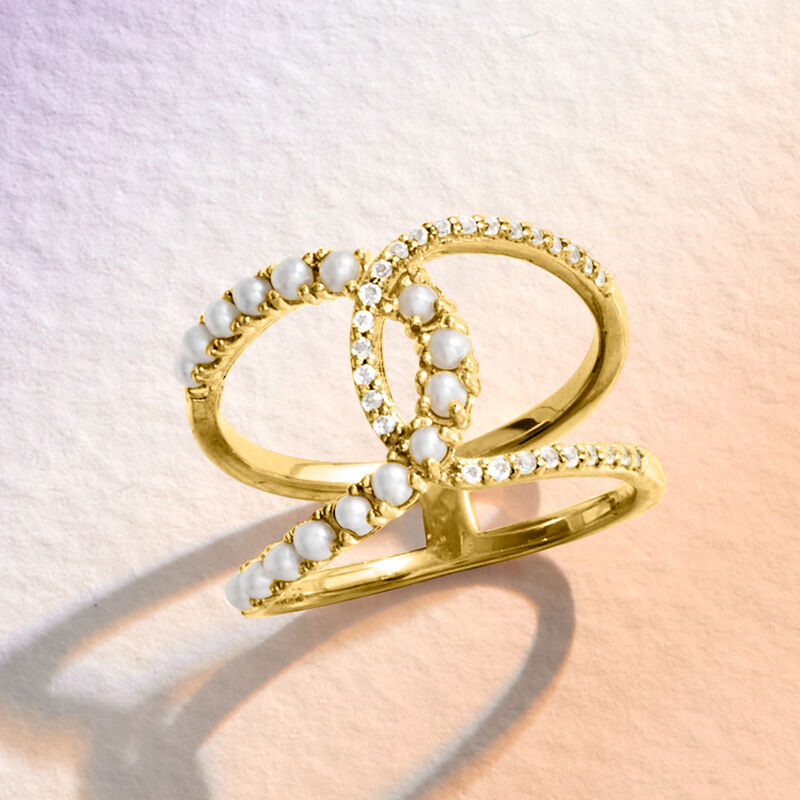 1.75-2.25mm Cultured Pearl and .10 ct. t.w. White Topaz Horseshoe Ring in 18kt Gold Over Sterling image number 3