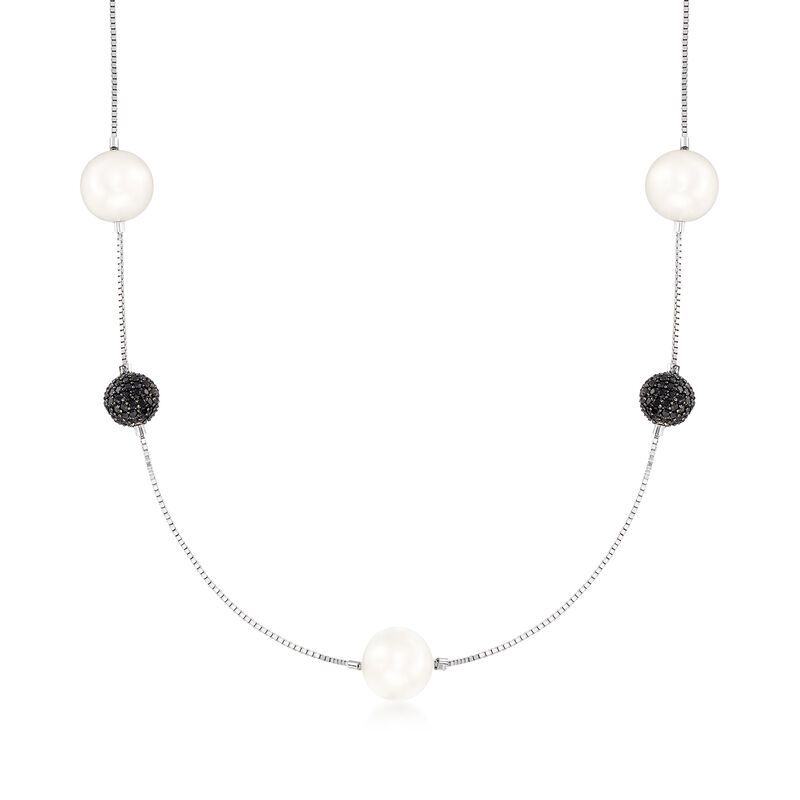 10mm Cultured Pearl and 1.90 ct. t.w. Black Spinel Station Necklace in Sterling Silver image number 0