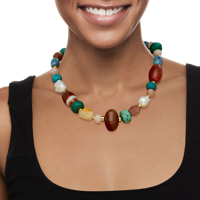 13-15mm Cultured Baroque Pearl and Multi-Gemstone Bead Necklace with 18kt Gold Over Sterling. 18&quot; image number 0