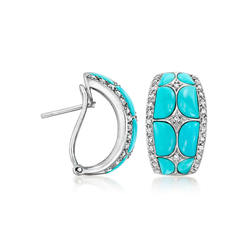 C. 1990 Vintage Turquoise and .60 ct. t.w. Diamond Curved Earrings in 18kt White Gold image number 2