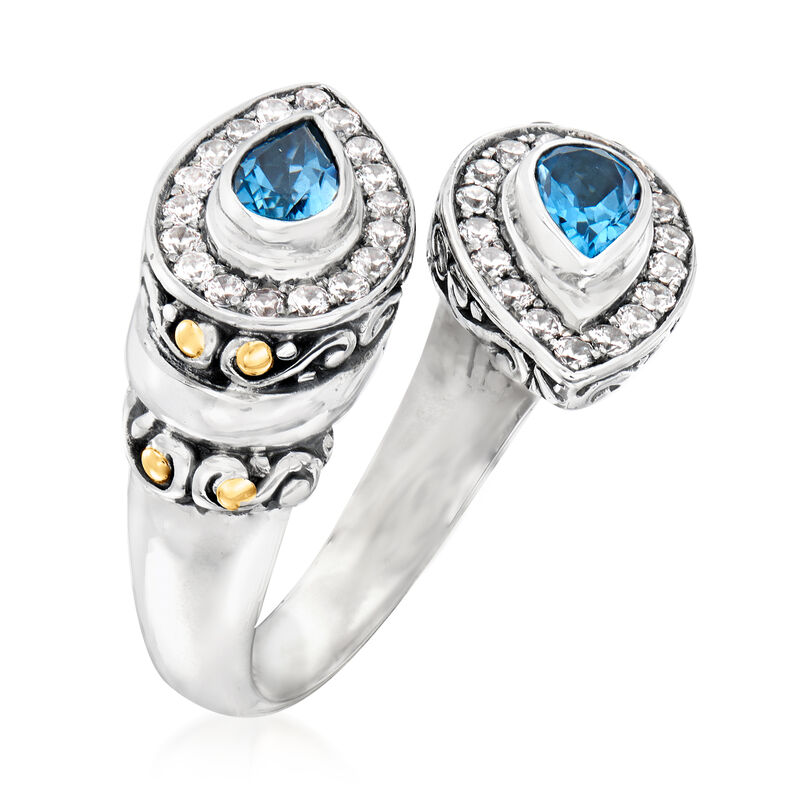 1.00 ct. t.w. Swiss Blue Topaz Bali-Style Bypass Ring with .70 ct. t.w. White Zircon in Sterling Silver with 18kt Gold image number 2