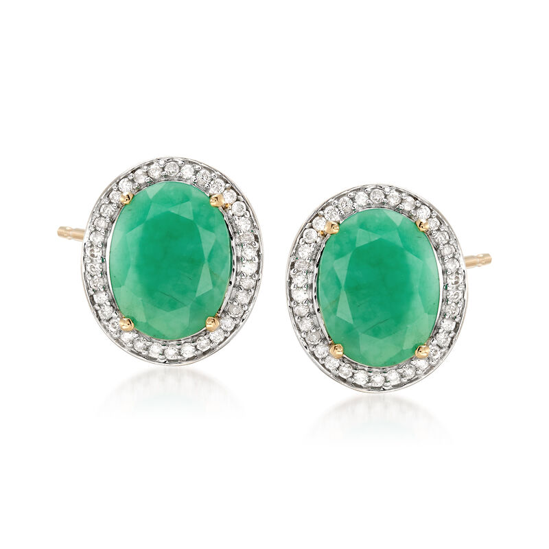 3.10 ct. t.w. Oval Emerald and .19 ct. t.w. Diamond Earrings in 14kt Yellow Gold image number 0
