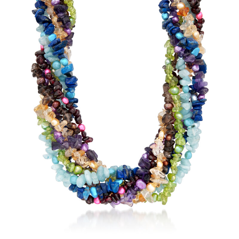 Multi-Stone and Cultured Pearl Torsade Necklace in Sterling Silver. 18&quot; image number 1