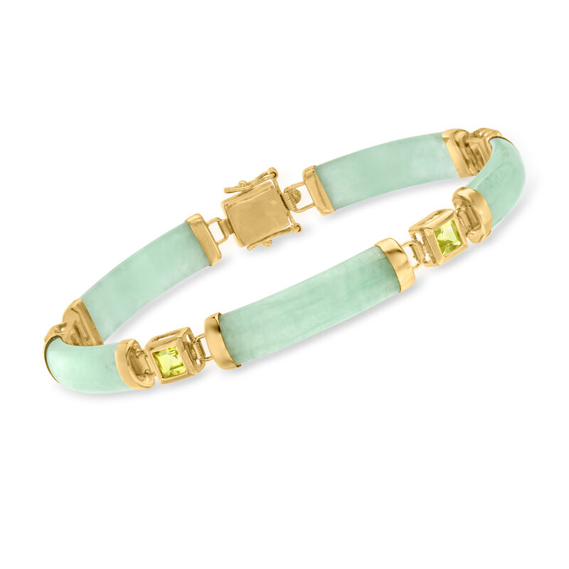Jade and 1.50 ct. t.w. Peridot &quot;Good Fortune&quot; Bracelet in 18kt Gold Over Sterling image number 2