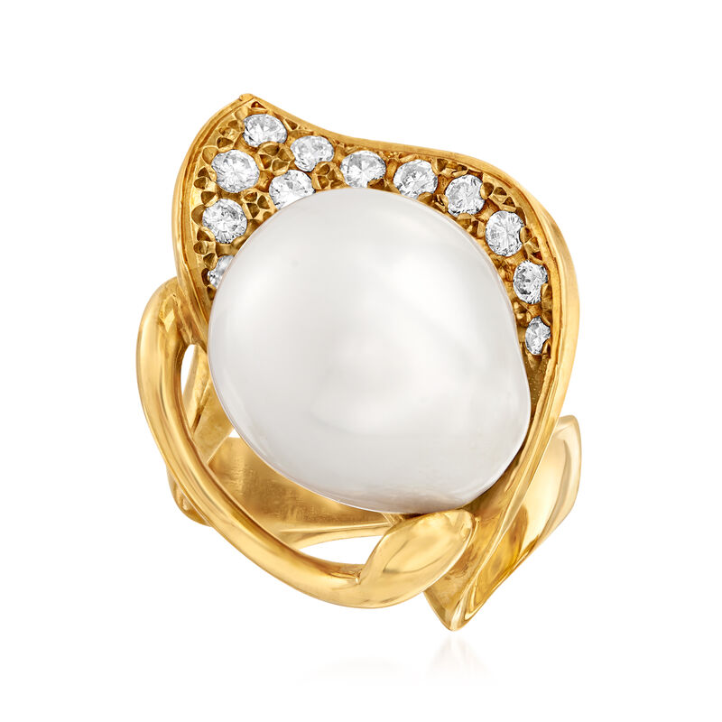 C. 1980 Vintage 15x13mm Cultured Baroque Pearl and .51 ct. t.w. Diamond Ring in 18kt Yellow Gold image number 0