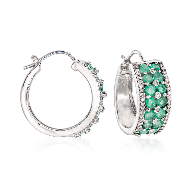 1.90 ct. t.w. Emerald and .43 ct. t.w. Diamond Hoop Earrings in Sterling Silver. 3/4&quot; image number 0