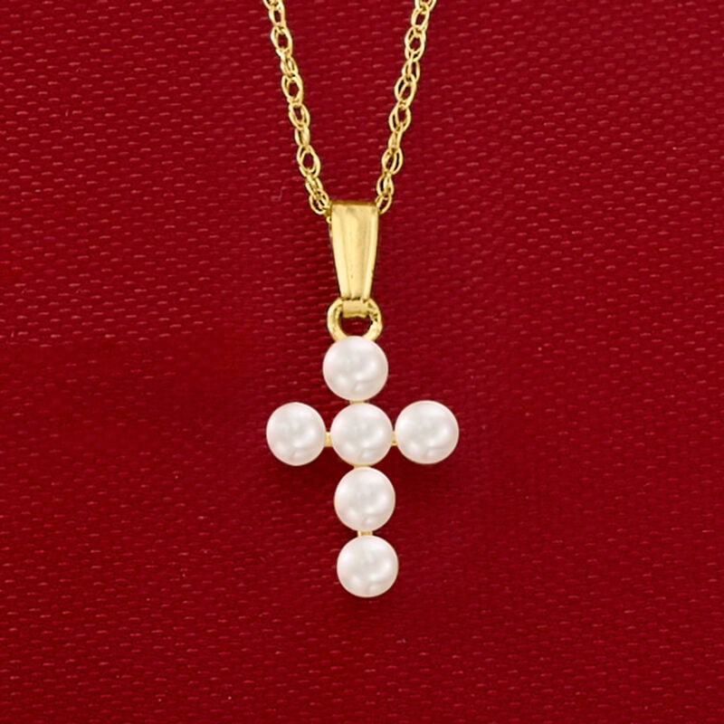 Child's 2.5-3mm Cultured Pearl Cross Pendant Necklace in 14kt Yellow Gold. 15&quot; image number 2