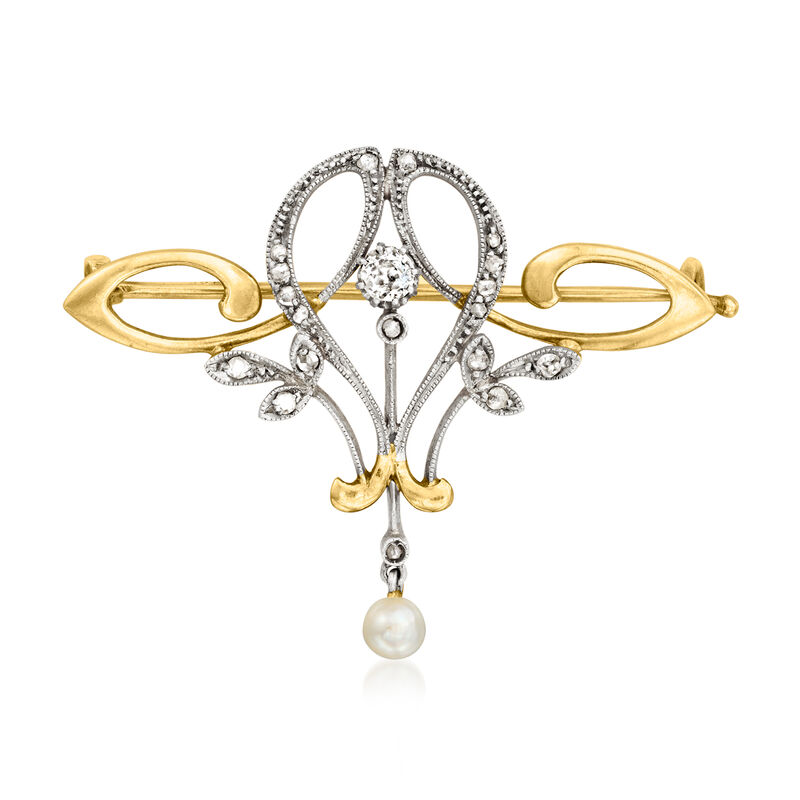 C. 1910 Vintage 4x3.5mm Cultured Pearl and .29 ct. t.w. Diamond Pin in Platinum and 18kt Yellow Gold  image number 0