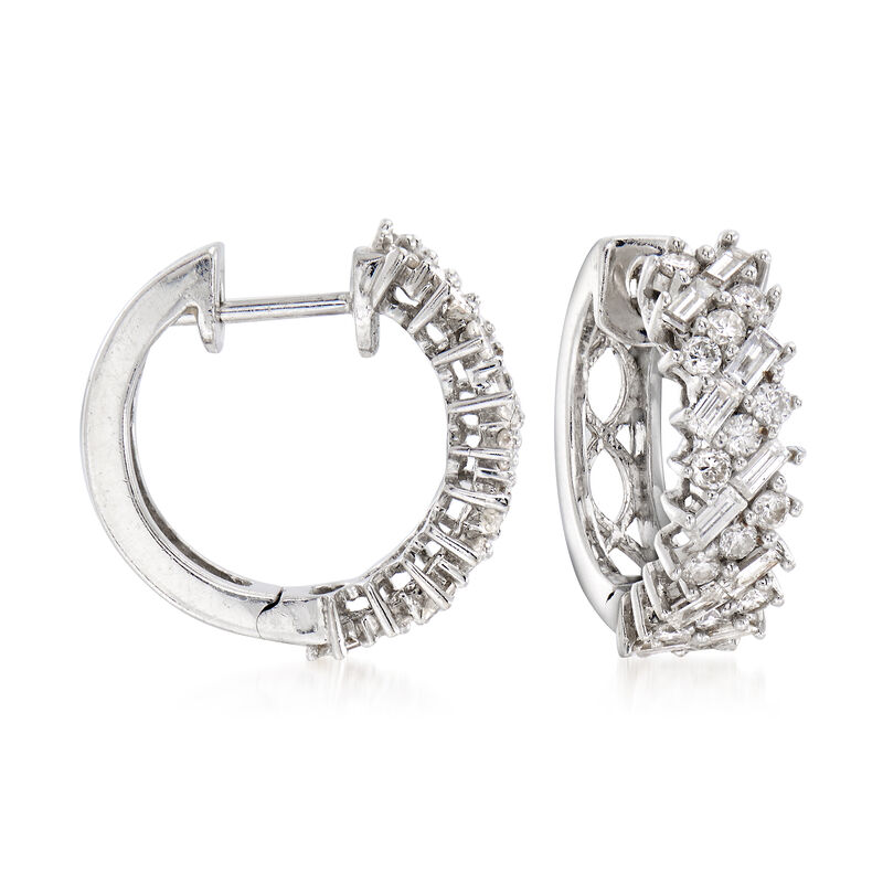 C. 1990 Vintage 1.35 ct. t.w. Round and Baguette Diamond Hoop Earrings in 18kt White Gold. 1/2&quot; image number 0