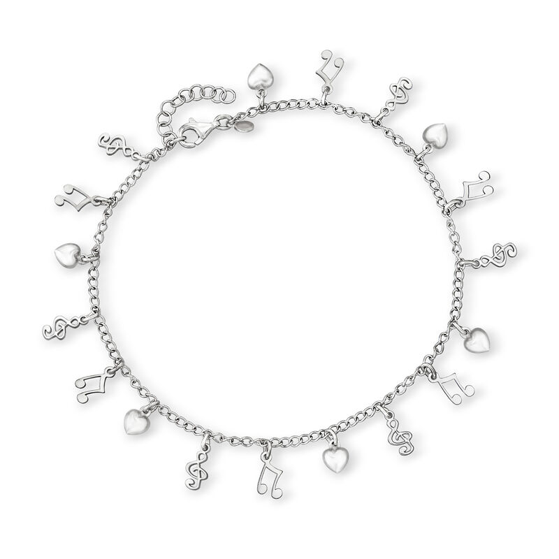 Italian Sterling Silver Music Notes and Heart Charm Anklet image number 0
