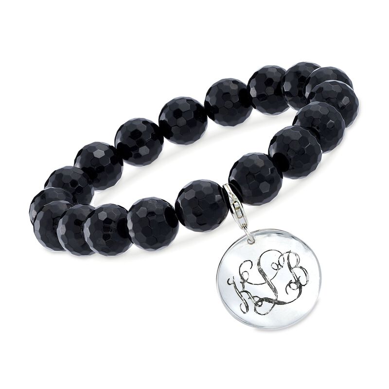 Black Onyx Bead Bracelet with Removable Sterling Silver Personalized Disc image number 0