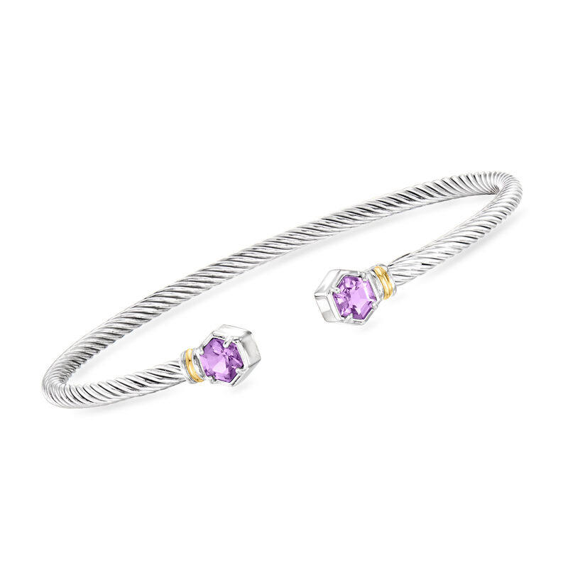 Phillip Gavriel "Italian Cable" .92 ct. t.w. Amethyst Cuff Bracelet in Sterling Silver with 18kt Yellow Gold. 7.5" image number 0