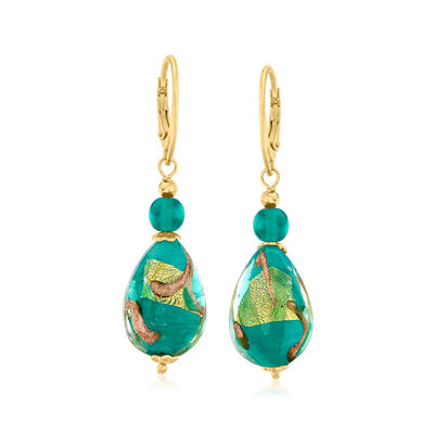 Italian Green and Goldtone Murano Glass Drop Earrings in 18kt Gold Over Sterling