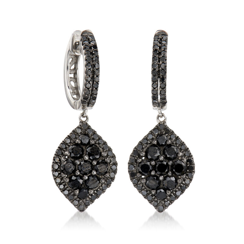 1.75 ct. t.w. Black Diamond Hoop Drop Earrings in Sterling Silver. 1 1/8&quot; image number 2