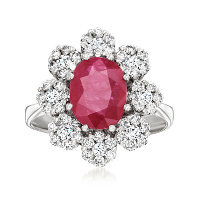 2.20 Carat Ruby and .86 ct. t.w. Diamond Flower Ring in 14kt White Gold
