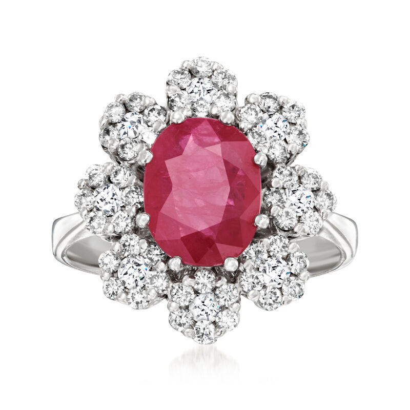 2.20 Carat Ruby and .86 ct. t.w. Diamond Flower Ring in 14kt White Gold. Size 6 image number 0