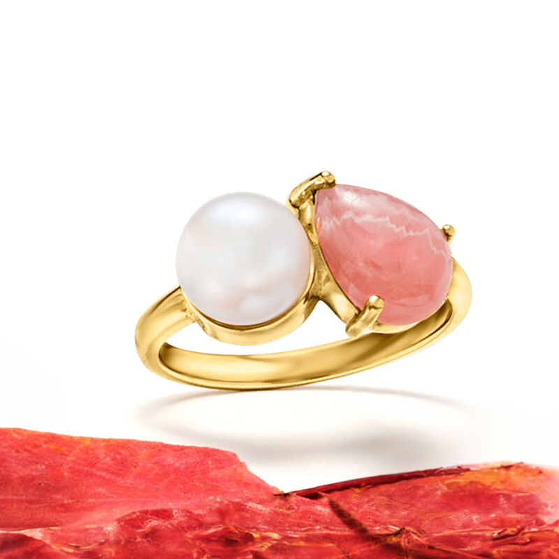 7.5-8mm Cultured Pearl and Pink Rhodochrosite Toi et Moi Ring in 18kt Gold Over Sterling image number 3