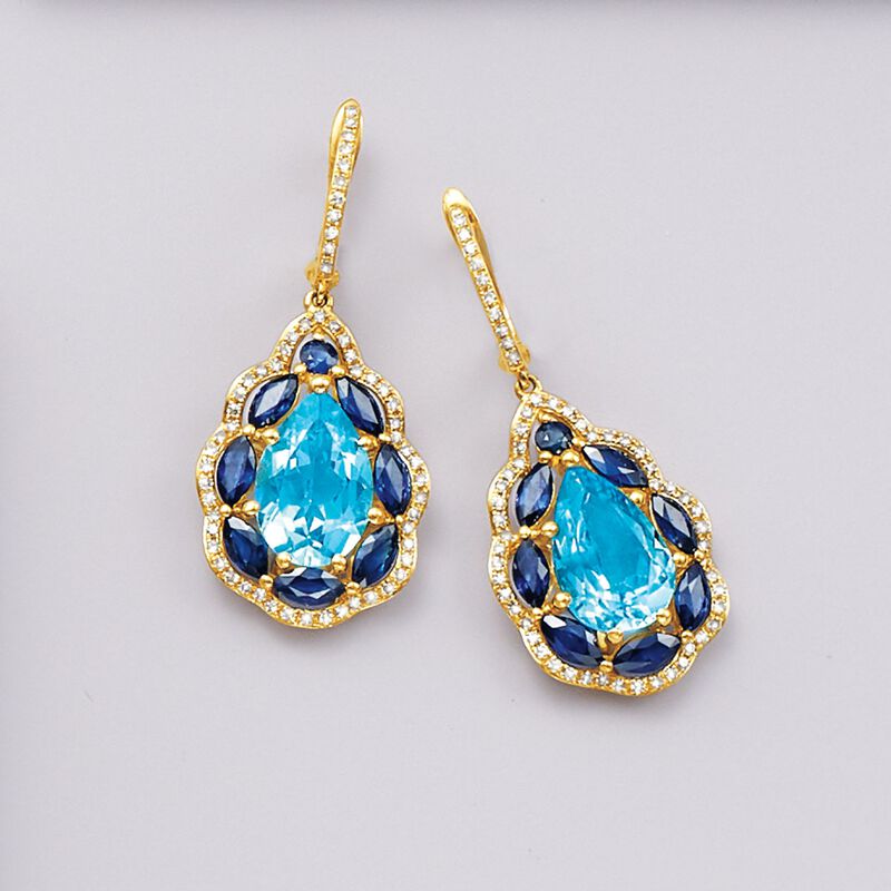 6.25 ct. t.w. Blue Topaz and 2.60 ct. t.w. Sapphire Drop Earrings with Diamonds in 14kt Yellow Gold image number 3