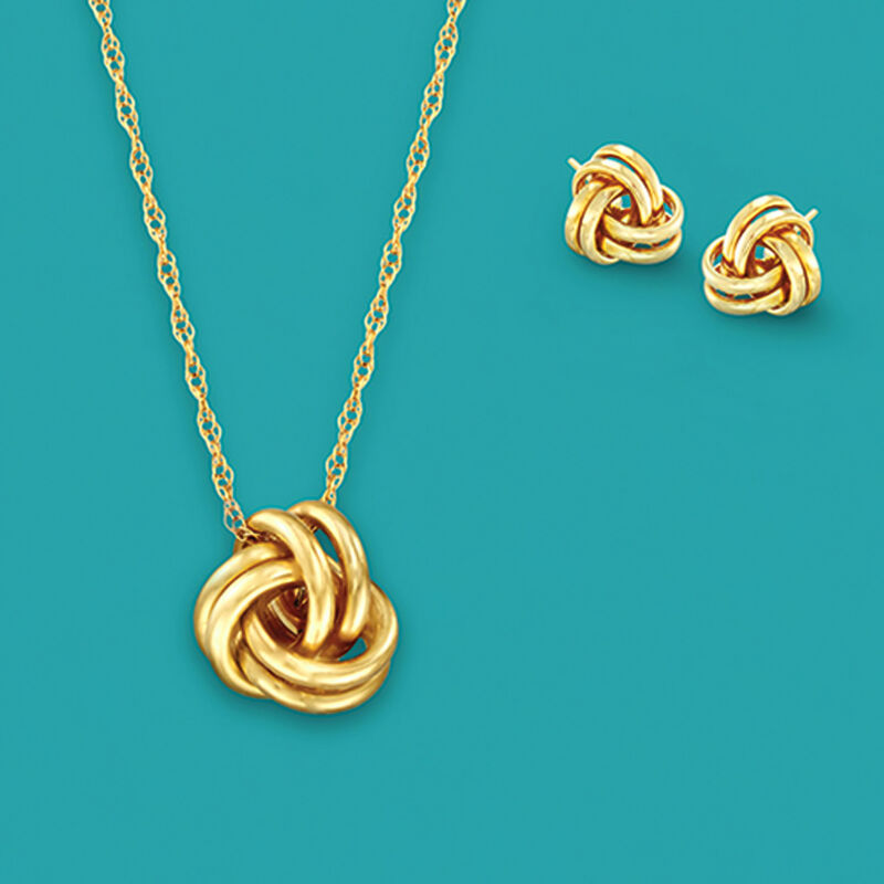 14kt Yellow Gold Love Knot Jewelry Set: Necklace and Earrings. 18&quot; image number 5