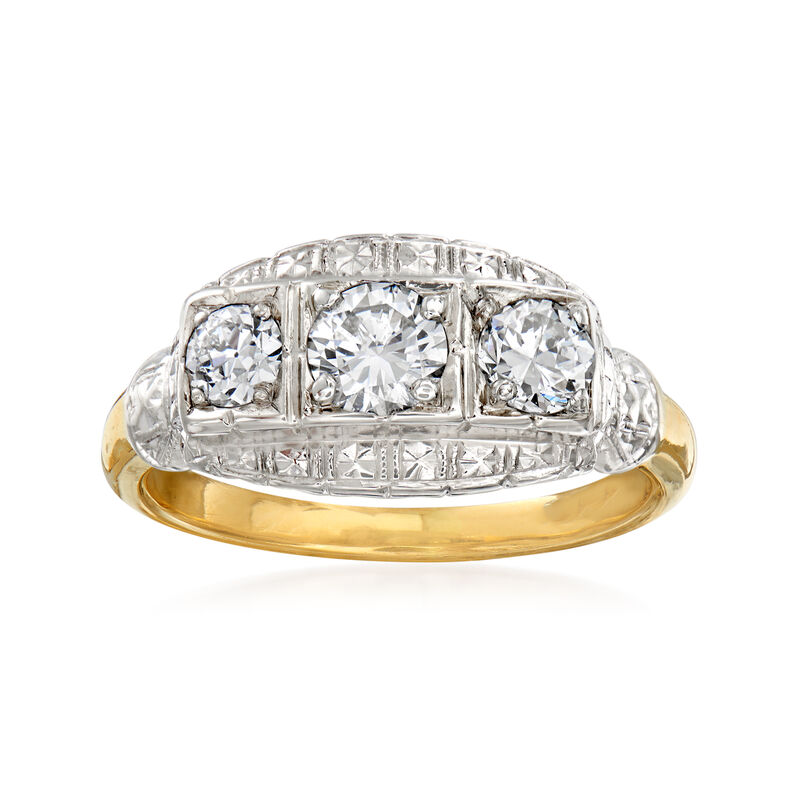 C. 1950 Vintage .85 ct. t.w. Diamond Three-Stone Ring in 14kt Two-Tone Gold. Size 7 image number 0