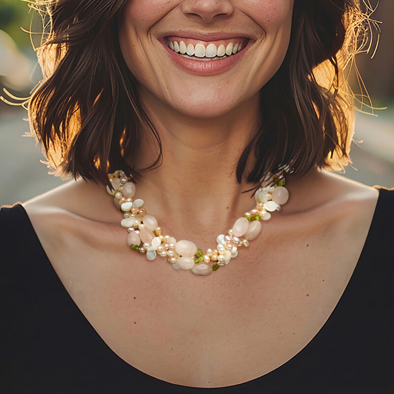 4-5mm Multicolored Cultured Pearl and Multi-Gemstone Torsade Necklace with Sterling Silver. 19&quot; image number 0