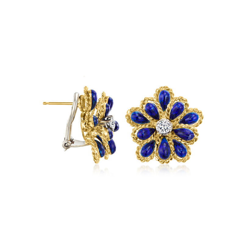 C. 1980 Vintage .30 ct. t.w. Diamond and Blue Enamel Flower Earrings in 18kt Yellow Gold  image number 2