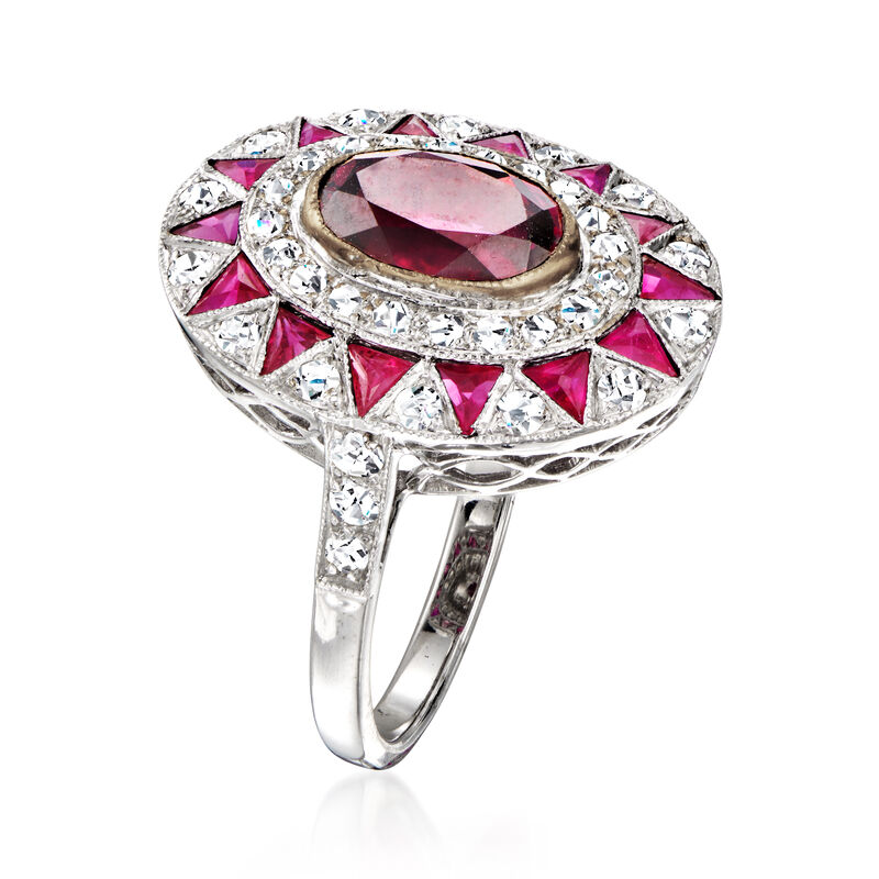 C. 1990 Vintage 2.25 Carat Rhodolite Garnet, 1.00 ct. t.w. Diamond and .85 ct. t.w. Ruby Cocktail Ring in 18kt White Gold. Size 6.5 image number 2