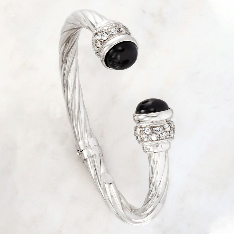 Italian Black Onyx and 1.30 ct. t.w. CZ Twisted Cuff Bracelet in Sterling Silver image number 2