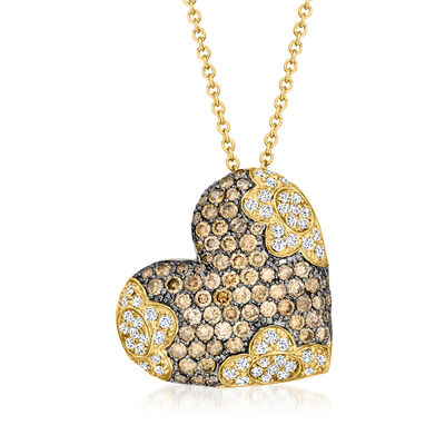 C. 1980 Vintage 3.55 ct. t.w. Brown and White Diamond Floral Heart Pendant Necklace in 18kt Yellow Gold