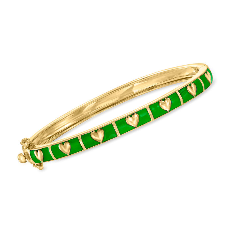 Green Enamel Heart Bangle Bracelet in 18kt Gold Over Sterling. 7" image number 0