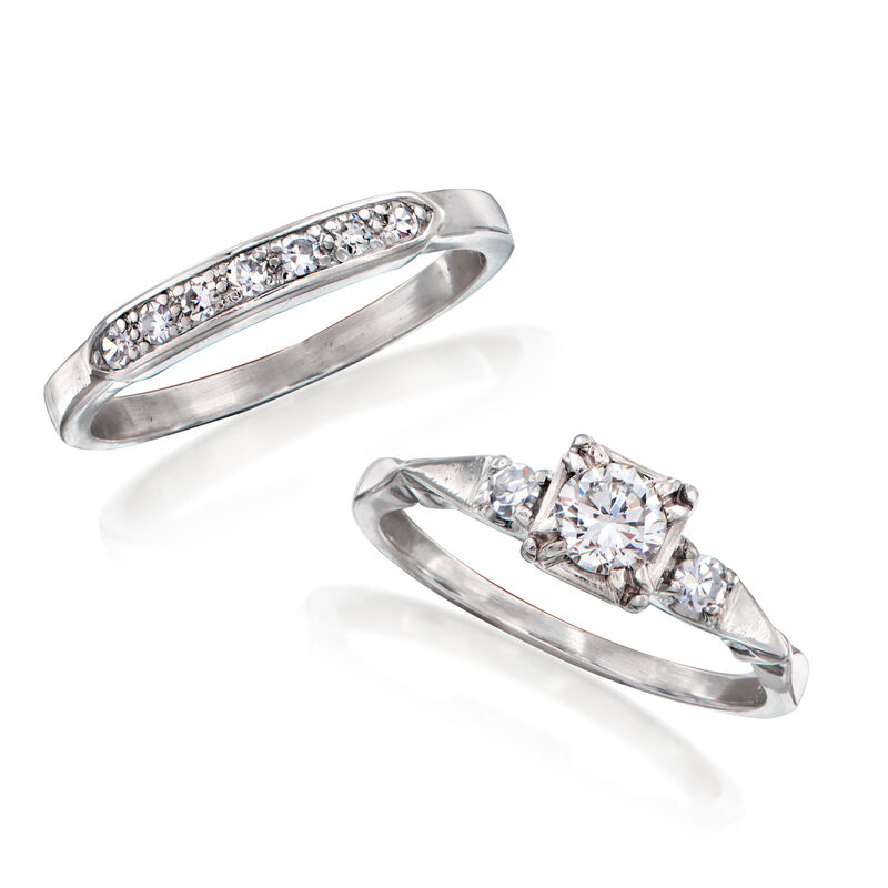 C. 1950 Vintage .63 ct. t.w. Diamond Bridal Set: Engagement and Wedding Ring in Platinum image number 3