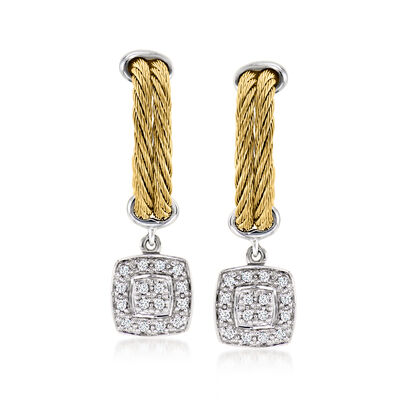 ALOR .27 ct. t.w. Diamond and Yellow Stainless Steel Cable Hoop Drop Earrings with 14kt White Gold