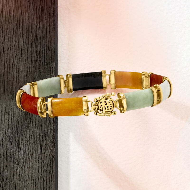 Multicolored Jade "Good Fortune" Bracelet in 18kt Gold Over Sterling image number 5