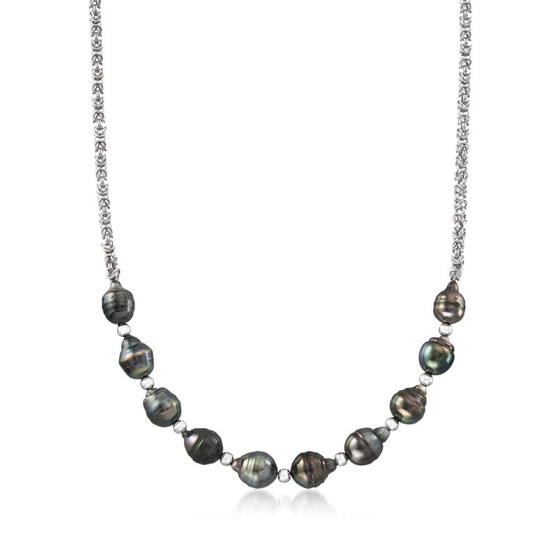 9.5-10.5mm Black Cultured Tahitian Pearl Byzantine Necklace in Sterling Silver. 18.5&quot; image number 1